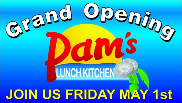 Custom color banner promoting Pam's Lunch Kitchen Grand Opening. Color banner for Pam's Lunch Kitchen Grand Opening | Northern Design Graphics